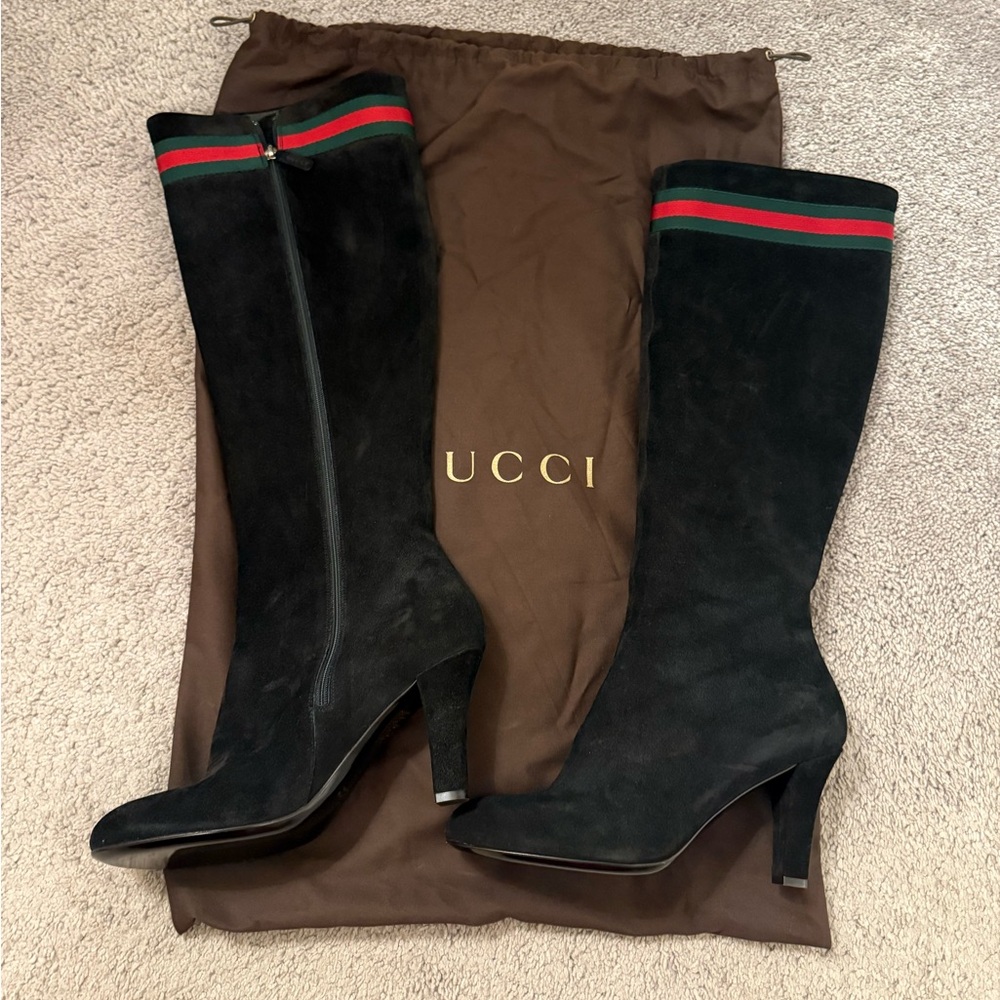 Gucci Black Heeled Boots with Red and Green Accents